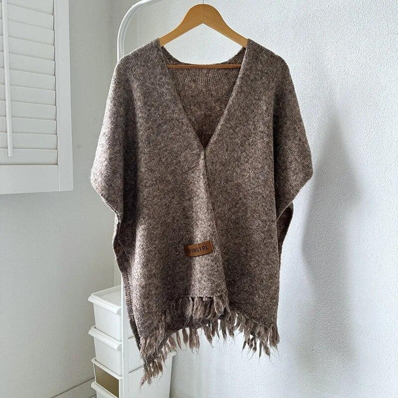 Japanese Korean Tassel Big Pendulum Cardigan Cape Autumn Loose Poncho Women Faux Cashmere Cloak Out Streetwear