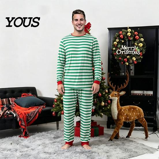 Теплый ветрозащитный домашний костюм, Комплект matching family pajamas, Зелено-белый полосатый рождественский комплект из 2 предметов, Милые пижамы для мужчин и женщин, Праздничные Pjs