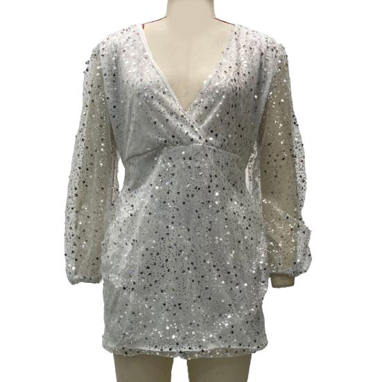 Women's Sexy Sequin Bodycon Dress Sheer Long Sleeve Deep V Neck Mini Dress Sparkly Evening Party Dress for Night Clubs
