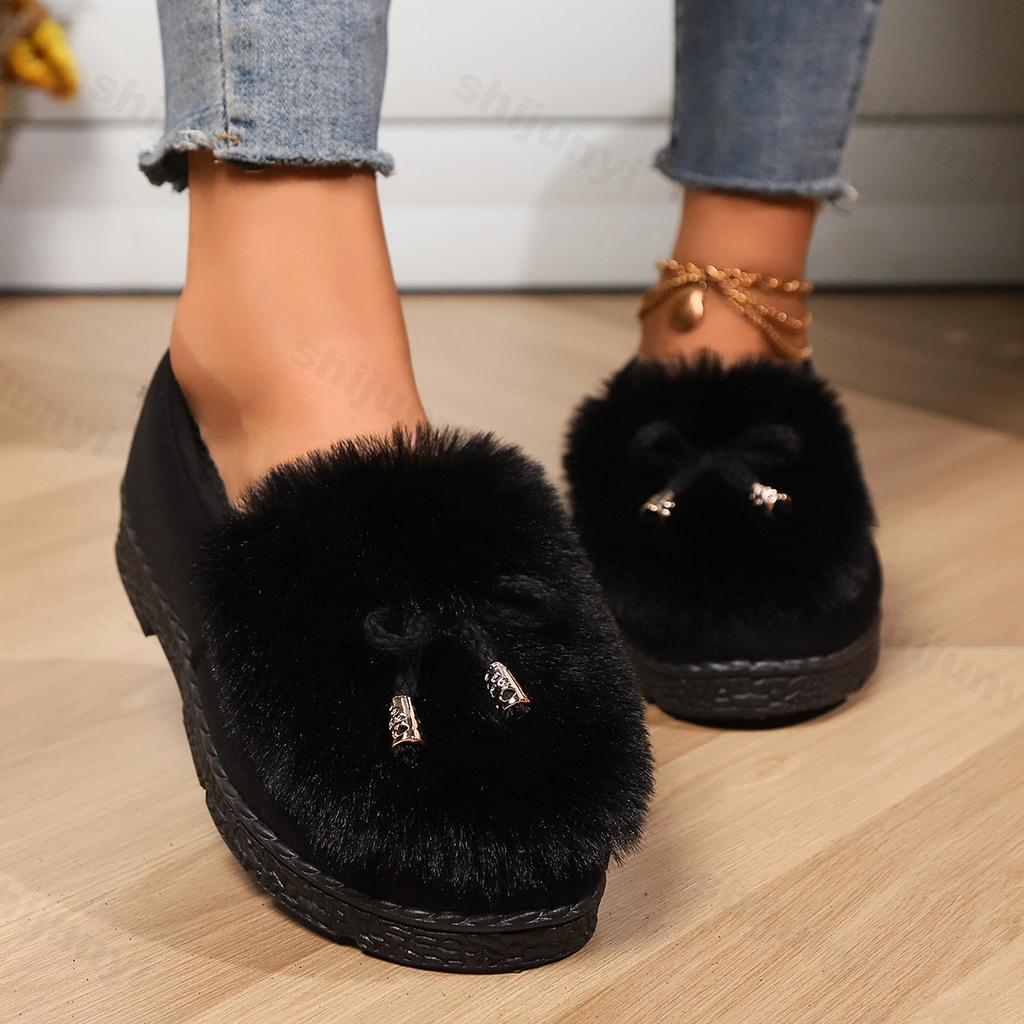 Winter Fuzzy Women Cotton Shoes Casual Non-slip Outdoor Shoes for Women Fashion Leopard Plush Shoes Warm Cozy Fluffy Woman Flats