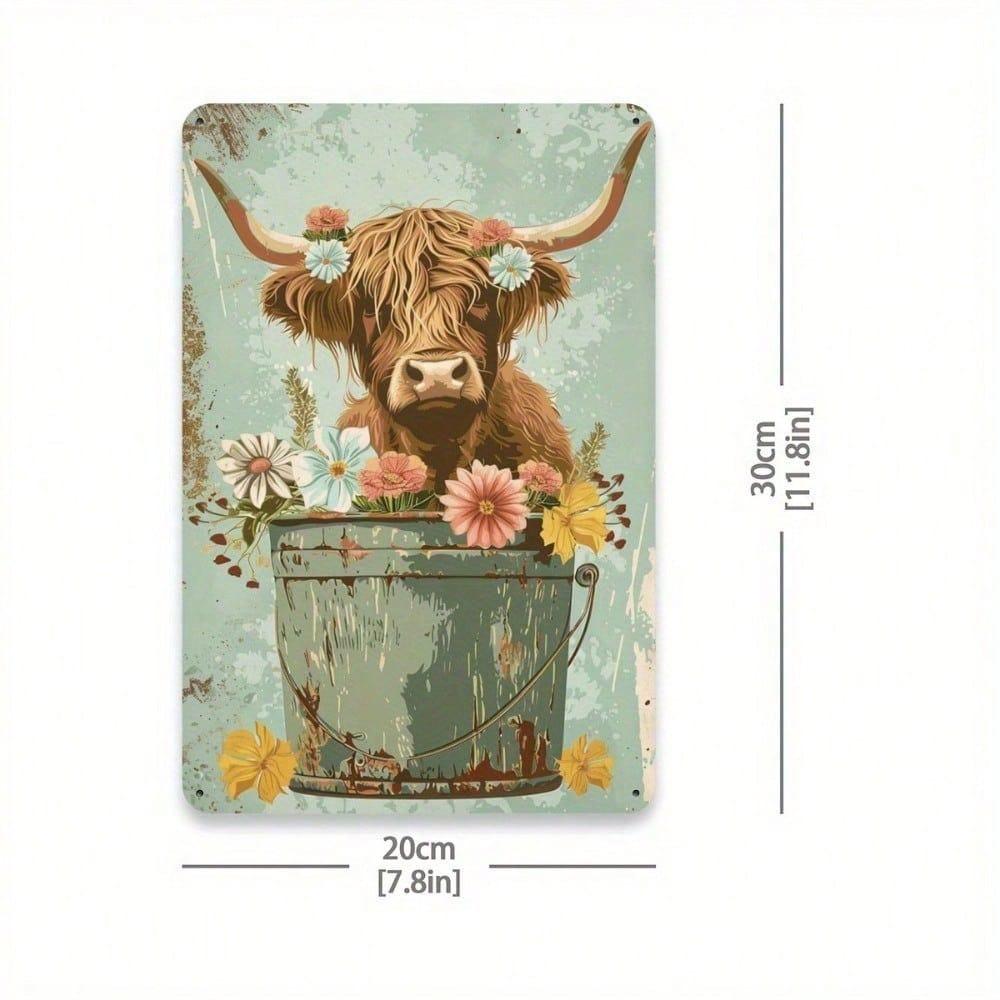 Vintage Highland Cow Metal Sign 8x12 Inch Floral Tin Wall Art, 2D Flat Decorative Plaque for Living Room Bedroom Coffee Shop Home