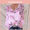 Elegant Women Casual Floral Printed Buttons T-shirt Ladies Chiffon Irregular Tops Blouse