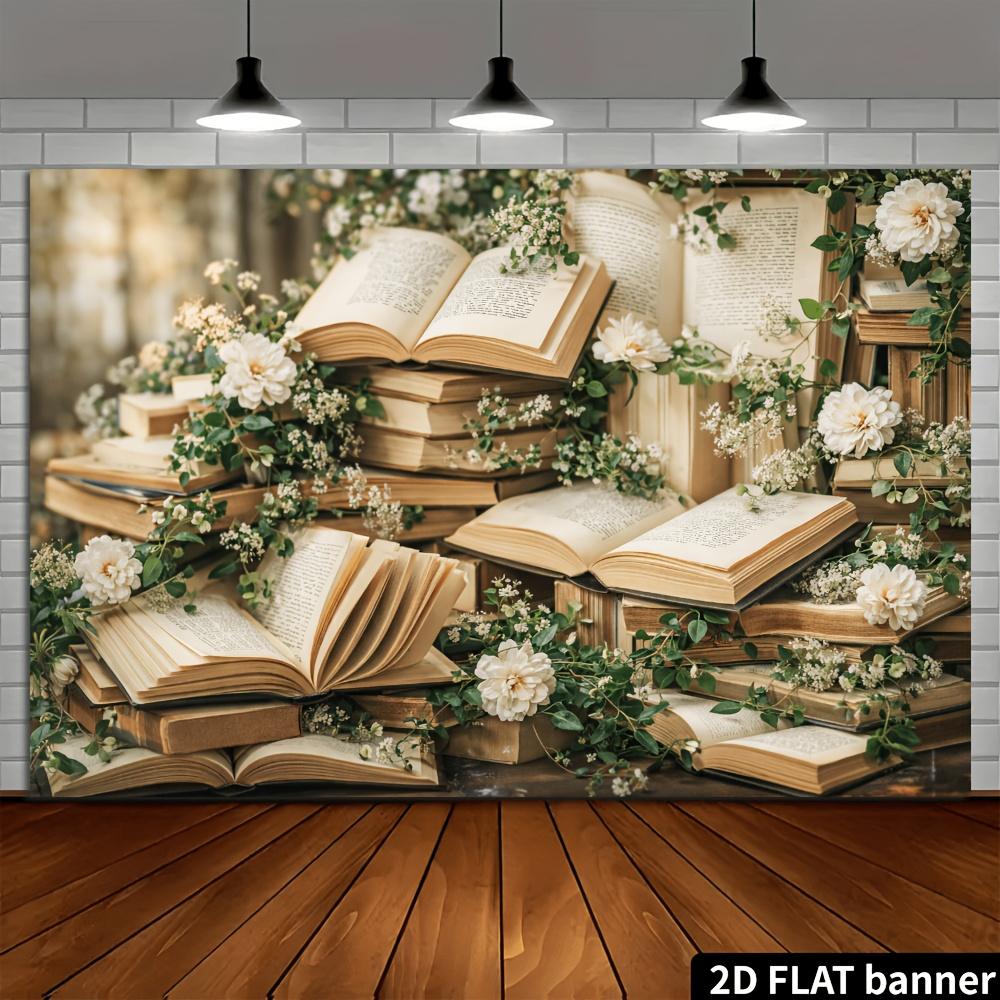 2D plane 1 piece of vintage book-themed horizontal background fabric with stacked old books