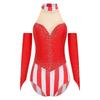Womens Circus Ringmaster Bodysuit Glittery Rhinestone Color Block Sleeveless Leotard Fingerless Gloves Gymnastic Dancewear