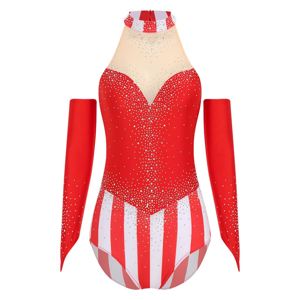 Womens Circus Ringmaster Bodysuit Glittery Rhinestone Color Block Sleeveless Leotard Fingerless Gloves Gymnastic Dancewear