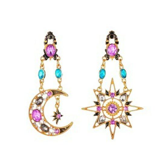 Retro Asymmetrical Sun & Moon Baroque Earrings: Exaggerated Long Design for Women