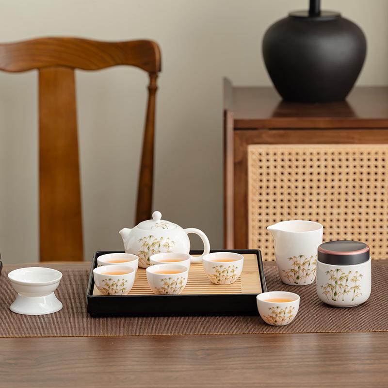 Suet Jade Kung Fu Tea Set, White Porcelain Set, Home Office Teapot, Gold Silk Teacup Cover Bowl, Full Set of Tea