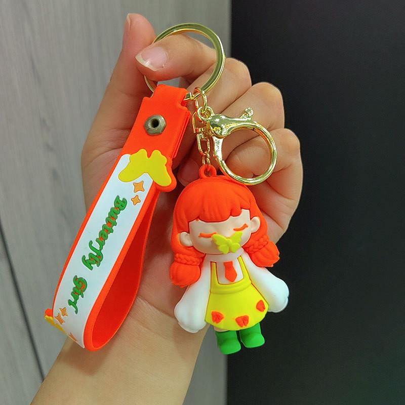 Adorable Cartoon Silicone Keychain Charming Butterfly Kiss Girl Design