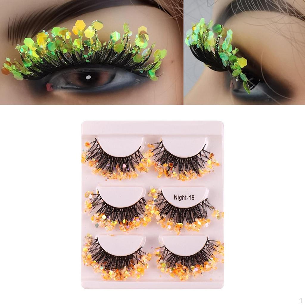 3 Pairs Colorful Luminous Glitter False Eyelashes Fun Decorative Long Dramatic Shiny