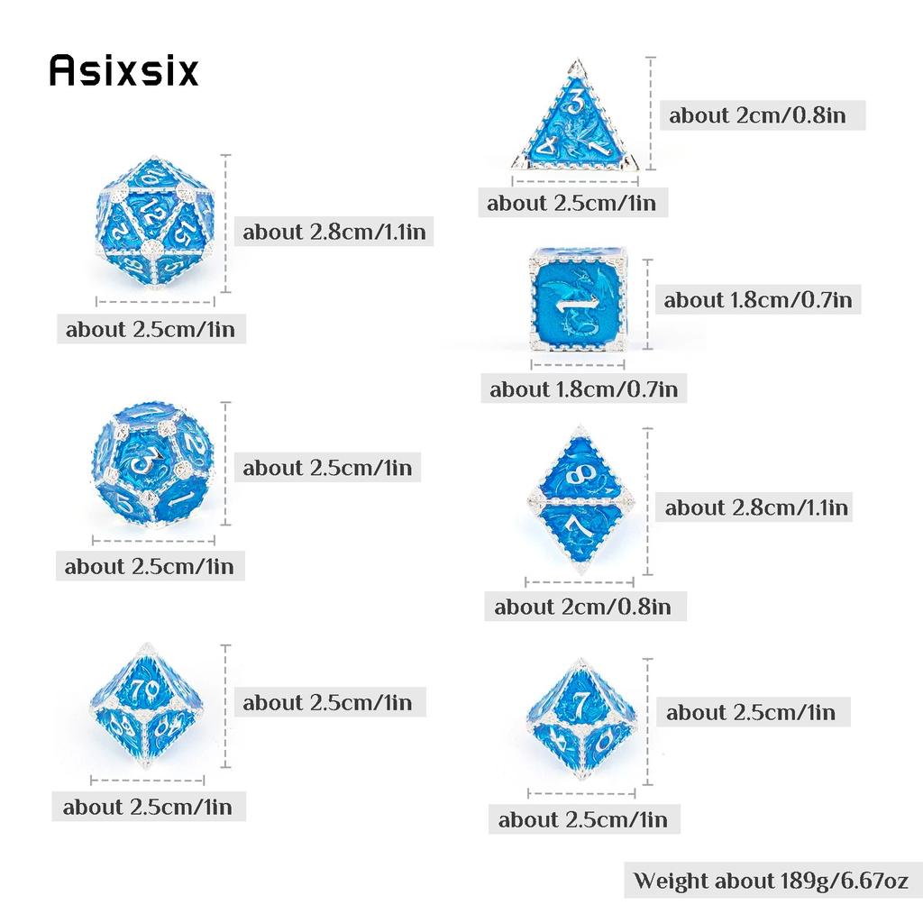 7 Pcs Blue White Dragon Metal Dice Solid Metal Polyhedral Dice Set Suitable for Role-Playing RPG Board Game Card Game