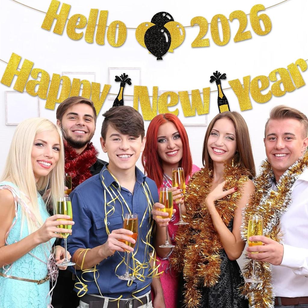 2026 New Year Banner with Sparkling Gold Letters - Elegant "Hello 2026 Happy New Year" Glitter Party Banner for New Year's Eve Decorations, Holiday
