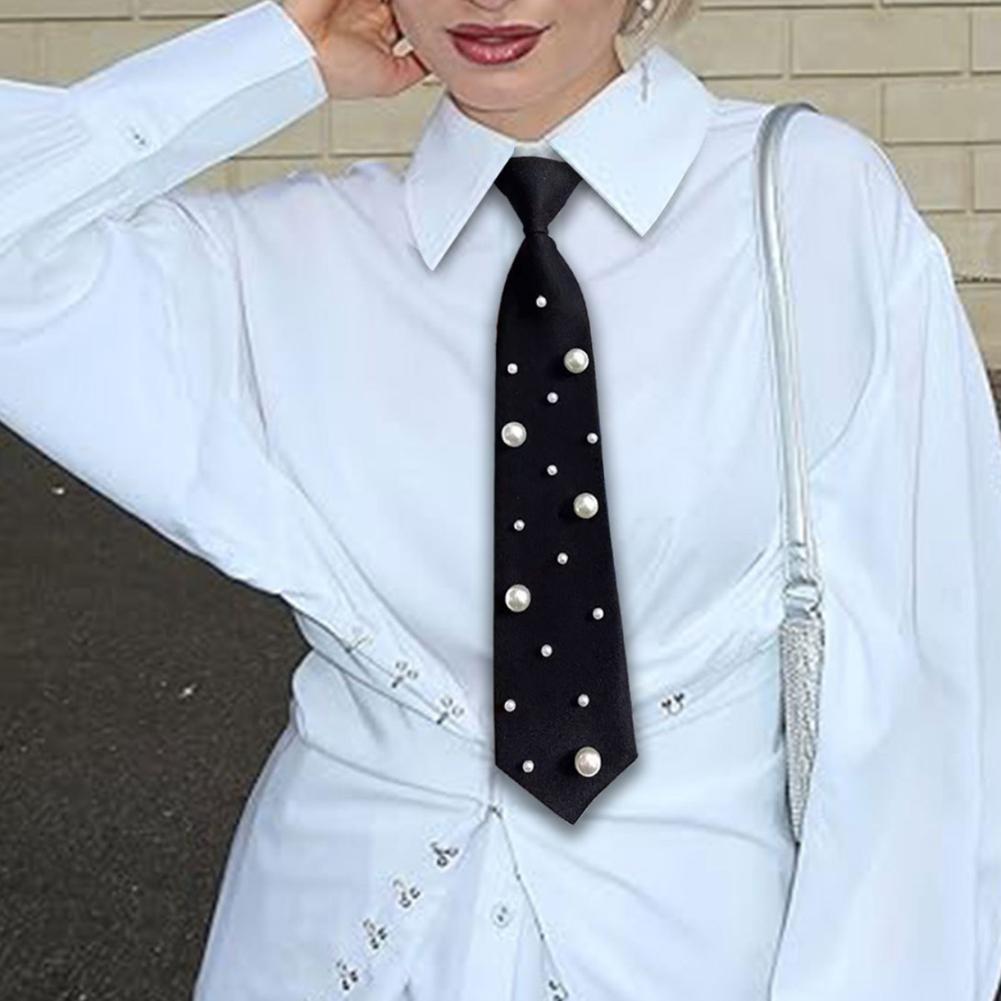 Elegant Preppy Style Women Pearl Tie Bead Long Necktie Versatile Academic College Shirt Necktie Uniform Accessories