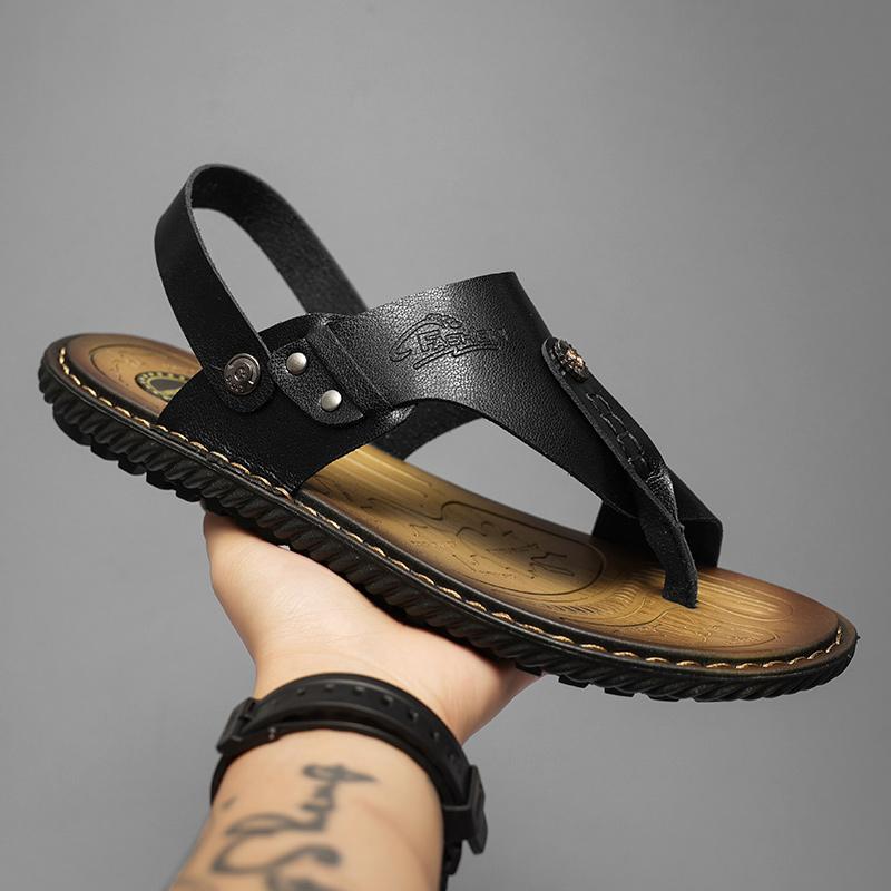 Летние мужские сандалии, нескользящие шлепанцы для мужчин, пляжные сандалии, кожаные тапочки на мягкой подошве, мужские повседневные сандалии для отдыха на открытом воздухе, большой размер
