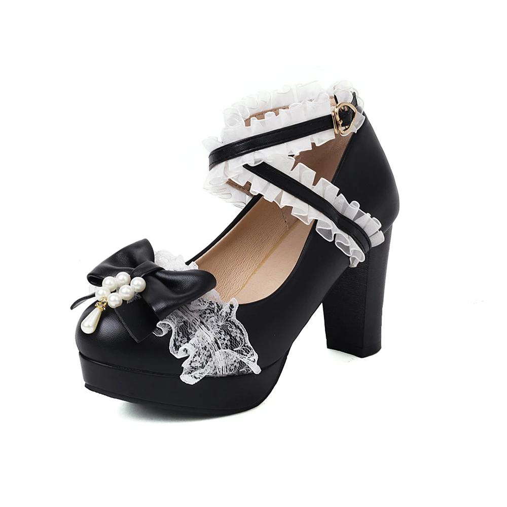 Мода 2025 Лето Новые Женские Туфли на Платформе Милый Бант Кружево Принцесса Мэри Джейн Лолита Обувь Вечеринка Высокий Каблук Пряжка Женские Туфли Лодочки Розовый 32