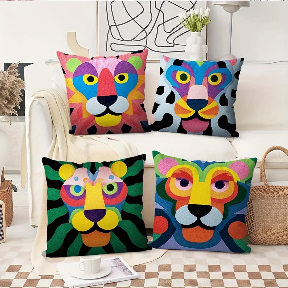 4Pcs Colorful Geometric Animal Head Throw Pillow Covers, Vibrant Tiger Lion Print Cushion Cases, Playful Kids Room Home Decor