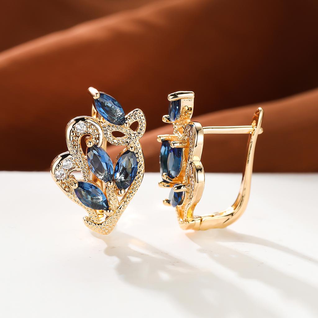 1 пара серег золотого цвета с радужным камнем и цветочным узором в виде листьев, красные, желтые, синие, зеленые, висячие полые серьги с камнями