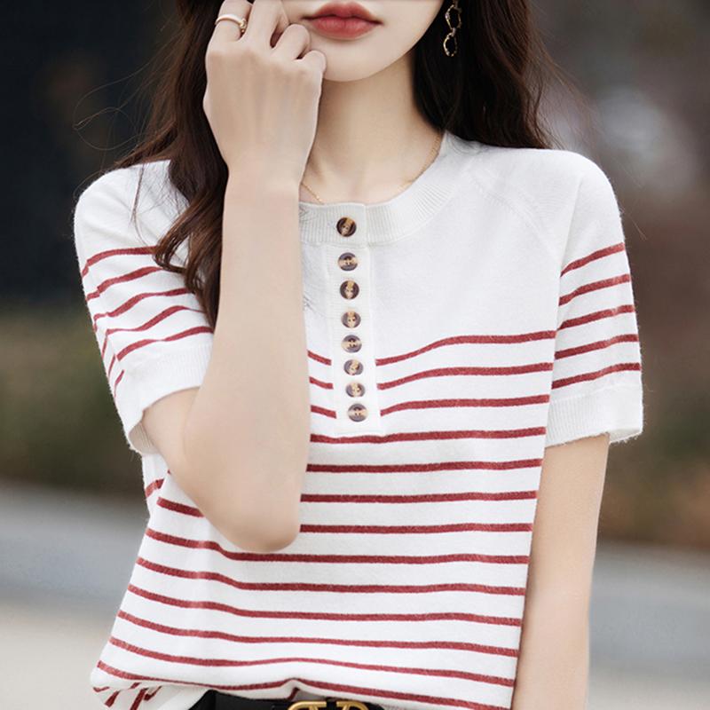 Женская вязаная футболка MODERN NEW SAGA, летняя вязаная рубашка, полосатые футболки с короткими рукавами, пуловер с круглым вырезом, вязаные топы