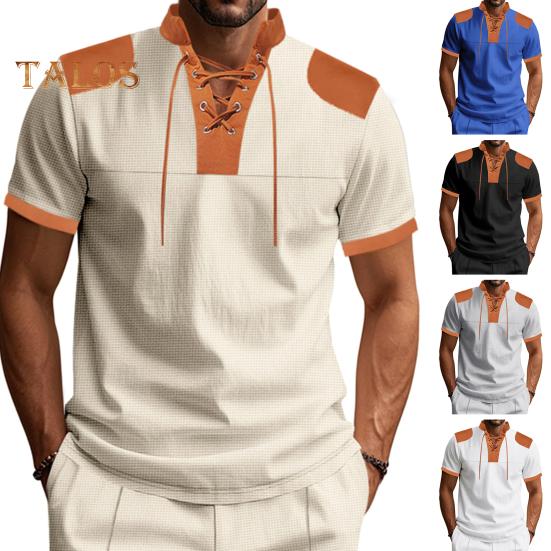 Мужская рубашка с V-образным вырезом на бретелях, цветная футболка с коротким рукавом в вафельную клетку, повседневная летняя футболка для повседневной вечеринки, офиса, путешествий