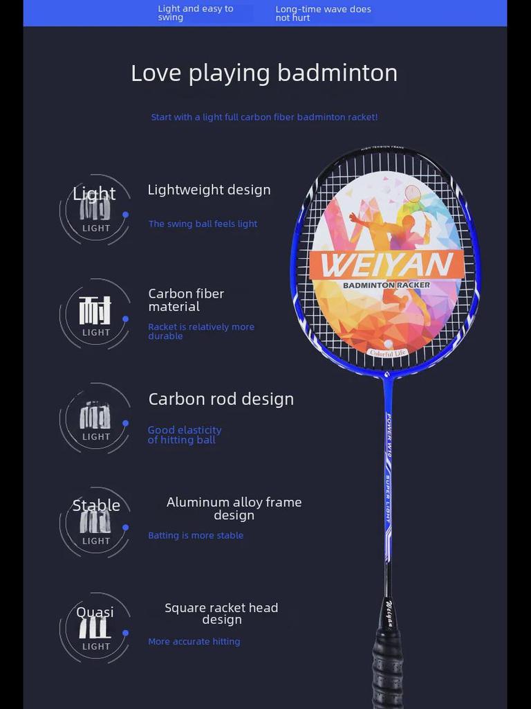 Набор ракеток для бадминтона из углеродного волокна Weiyan: Прочный, атакующий комбинезон для тренировок и соревнований взрослых. В комплект входят две ракетки.