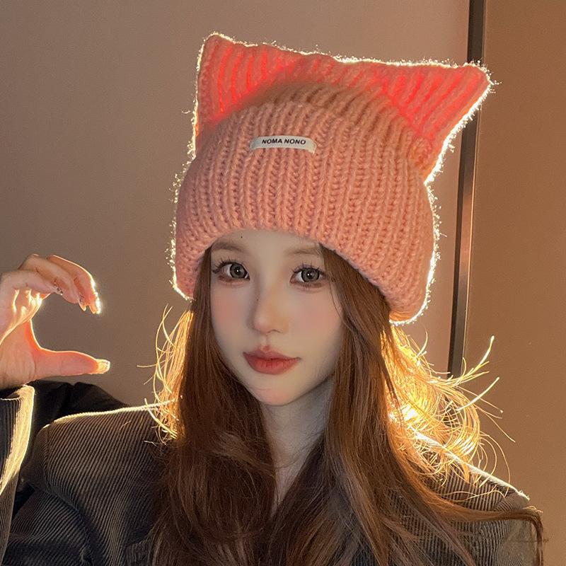 Japanese Cat Ear Wool Hat for Women In Autumn and Winter Warm Cute Knitted Hat Korean Version Versatile Cold Pullover Cold Hat