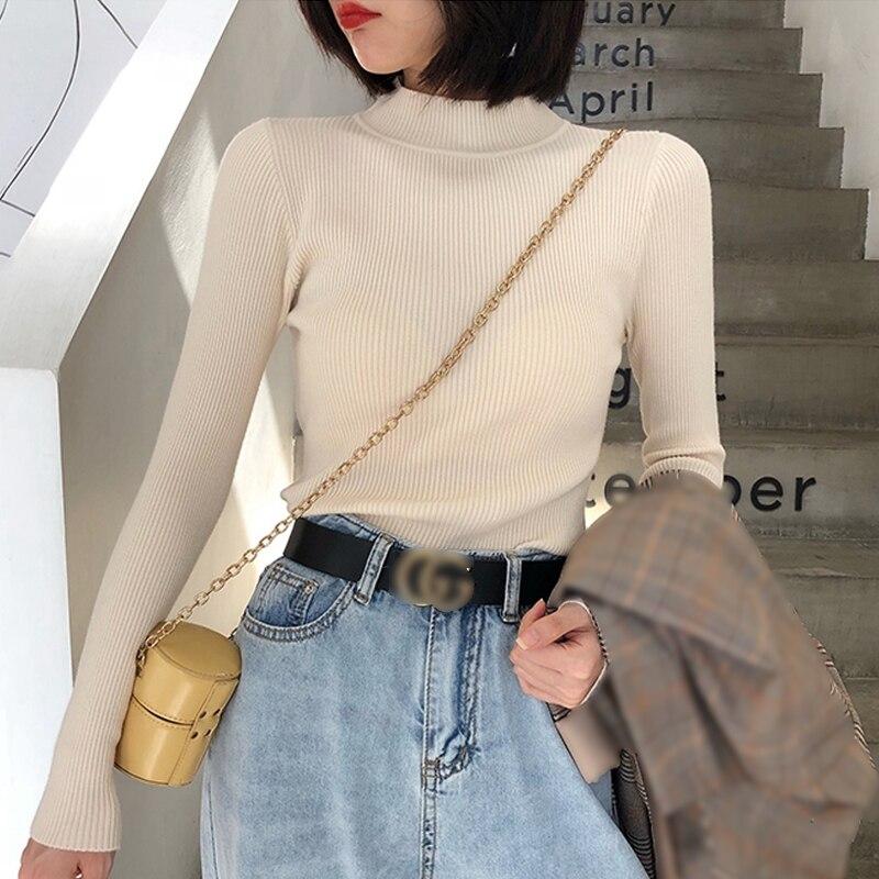 Осенний повседневный вязаный свитер, женский пуловер с полуводолазкой и длинными рукавами, свитера, женский джемпер с однотонным низом, топы 27972