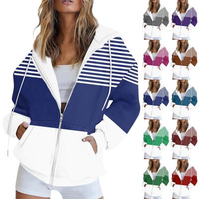 Женская толстовка с длинными рукавами и полосатым принтом, куртка с длинными рукавами и карманами, на молнии, пальто с капюшоном