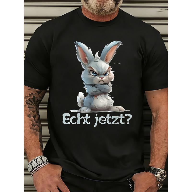Men'S Black T-Shirt Featuring an Angry Bunny Cartoon Print with The Text 'Echt Jetzt', Perfect for Gym, Fitness, And Casual Wear