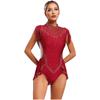 Womens Ballet Gymnastics Dress Rhinestones Figure Ice Skating Leotard Sleeveless Sheer Mesh Patchwork Tassel Skirted Bodysuit