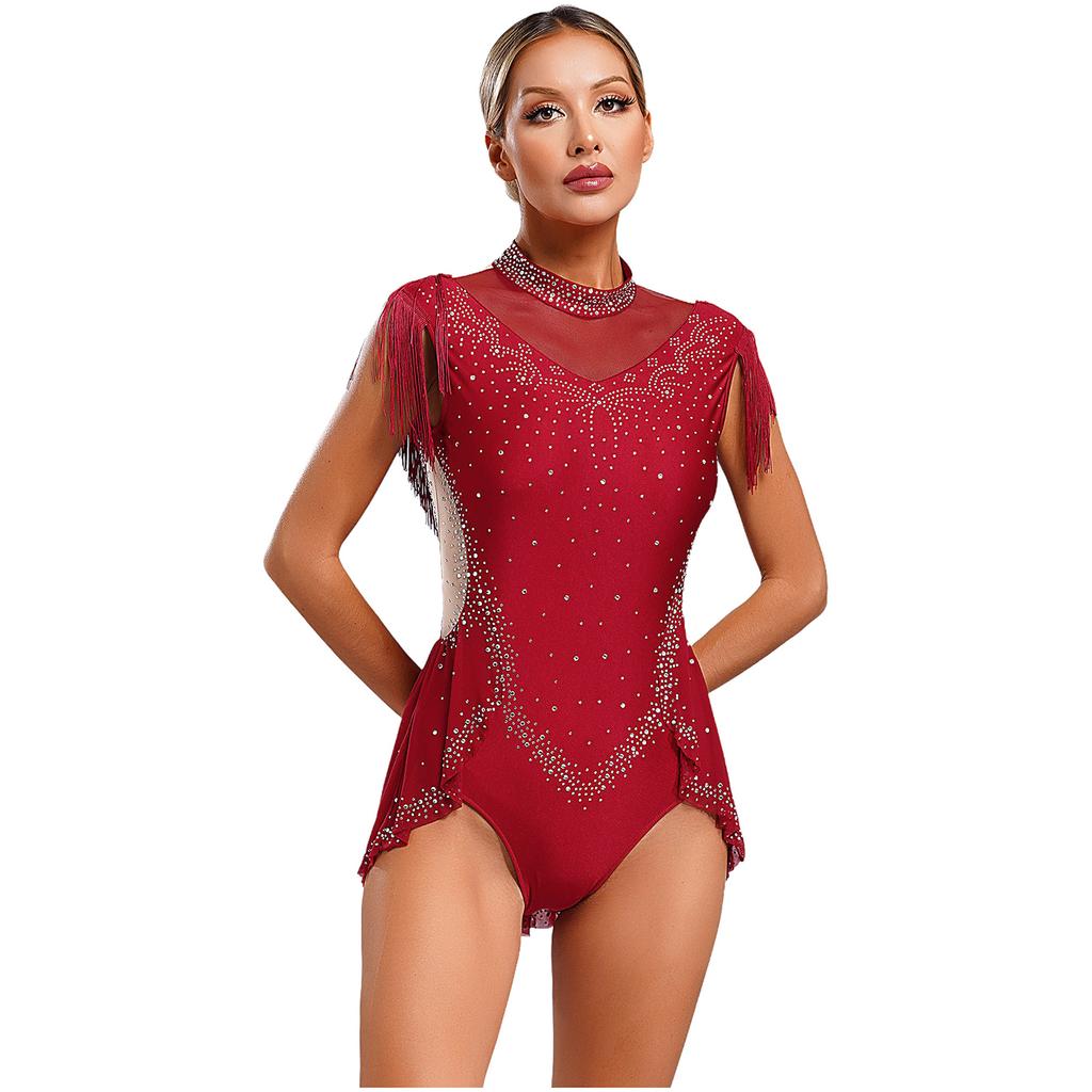 Womens Ballet Gymnastics Dress Rhinestones Figure Ice Skating Leotard Sleeveless Sheer Mesh Patchwork Tassel Skirted Bodysuit