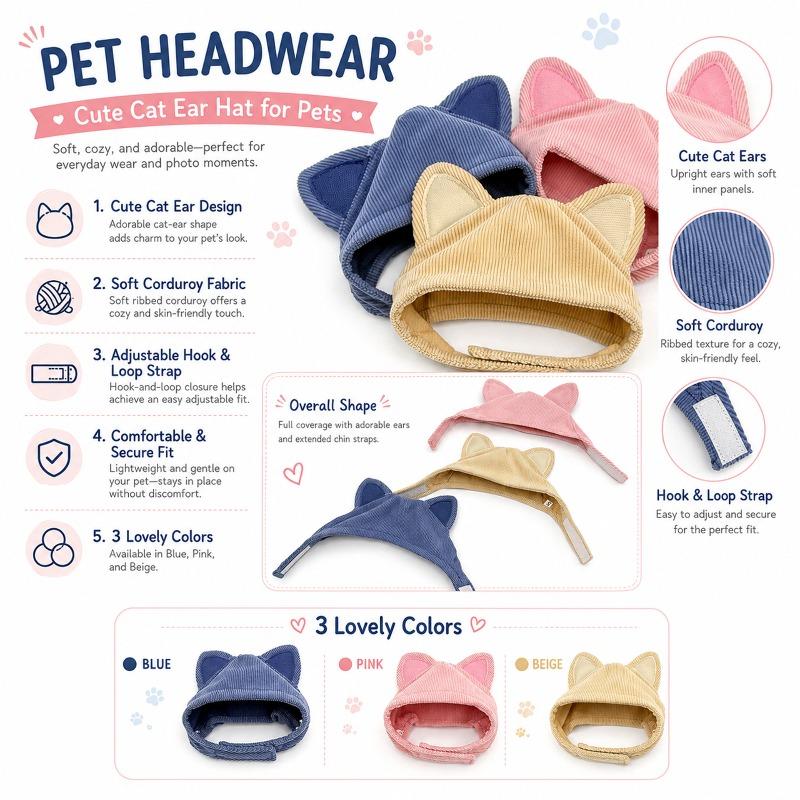Cute Cat Ear Pet Hat Soft Corduroy Adjustable Chin Strap Kitten Headwear Photo Prop Party Cosplay Accessory for Small Cats