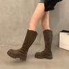 Retro Suede Long Knight Boots Women's New Black Thick-soled Small Thin Elastic Boots In Autumn and Winter 2024