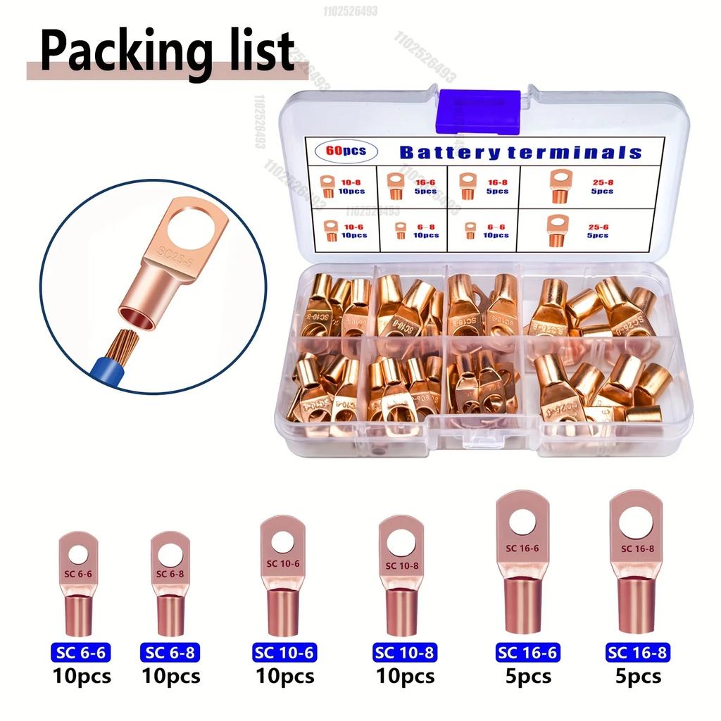 NEW 60pcs Car Copper Battery Cable Lugs Battery Wire Plugs Grommets Ring Terminal Connectors SC Terminals For Automotive Tool