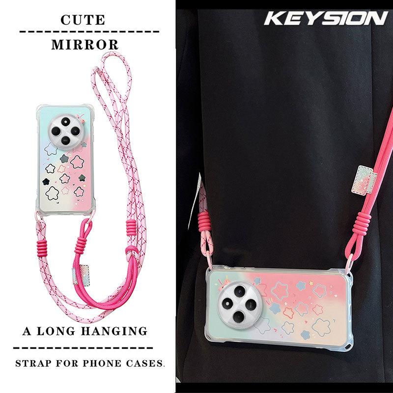 KEYSION Crossbody Strap Phone Case for Redmi 14C Cute Cartoon Long Lanyard Mirror Shockproof Cover for Xiaomi POCO C75