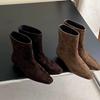 Sheepskin Version~ Retro Suede Square Head Small Slope Heel Flat Bottom Thin Boots Short Boots Women's 2025 New Versatile Cowboy Boots