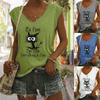Black Cat Print V-neck with Sleeve Loose Vest Short Sleeve Top for Women