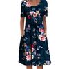 O-Neck Short Sleeve Pleated Midi Dress Pockets Loose Hem Mid-calf Length Women Floral Print A-Line Holiday Dress Daily Clothing