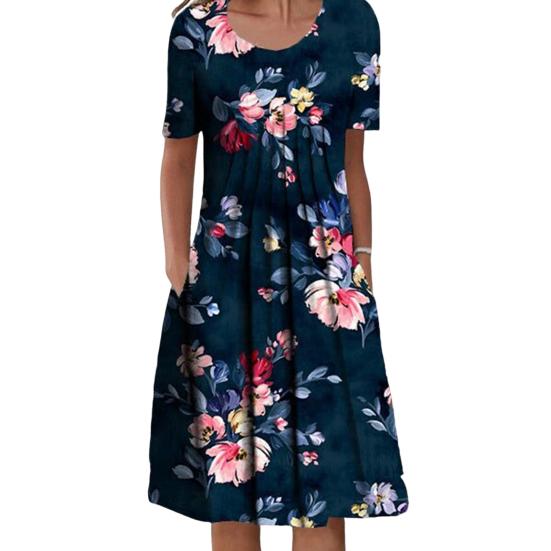 O-Neck Short Sleeve Pleated Midi Dress Pockets Loose Hem Mid-calf Length Women Floral Print A-Line Holiday Dress Daily Clothing