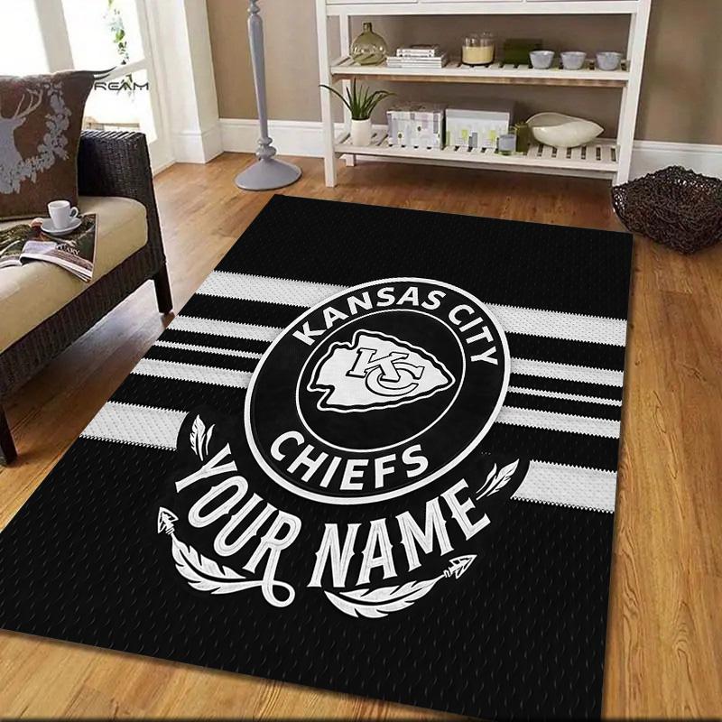 Custom Name Kansas City Chiefs Flannel Pattern Square Carpet,Area Rug,Carpet Rug for Living Room Bedroom Sofa Playroom Decor,Non-slip Floor Mat
