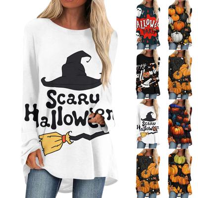 Женская повседневная футболка с длинным рукавом и круглым вырезом, топ с принтом «Хэллоуин»