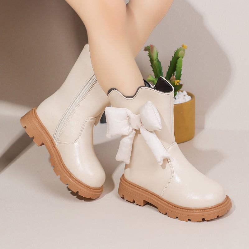 Girls Winter Warm Mid-Calf Martin Boots With Bow Detail Soft Sole Rubber Outsole