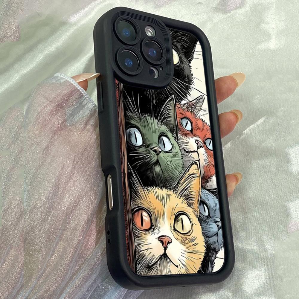JT19 Artful Kitties Cat Art Drawing Phone for iPhone17 Pro Max Samsung S26 Ultra A17 A26 A07 Xiaomi 15T Redmi Note 14 Pro Plus Soft TPU Case Cover