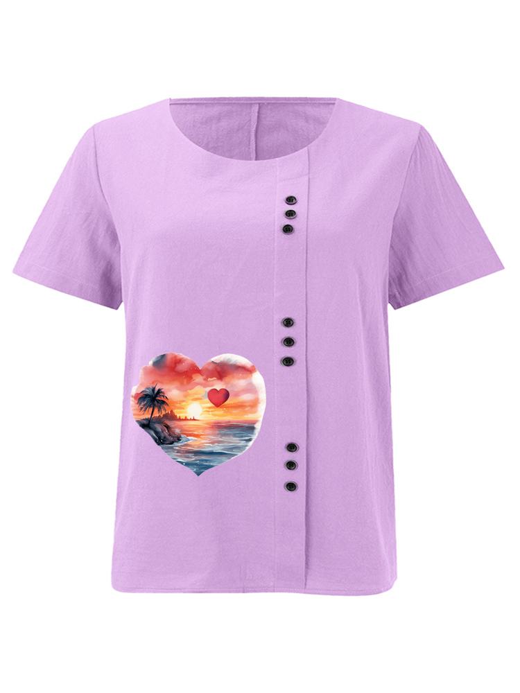 Women's Fashion Heart-shaped Scenery Print Round Neck Short Sleeve T-shirt Casual Cotton Linen Graphic Shirt Leisure Loose Summer Blouse Tops