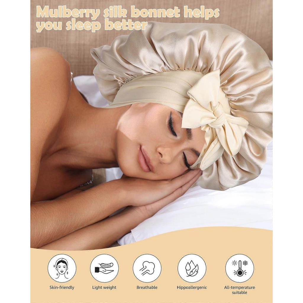 Silk Bonnet for Women Double Sided 100% Mulberry Silk Sleep Cap and Shower Cap Adjustable Fit
