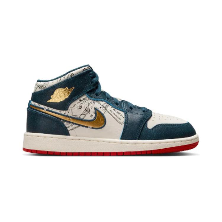 Air Jordan 1 Mid SE PS Take Flight Kids Sneakers Blue Armory-Navy Metallic-Gold FN1352-400