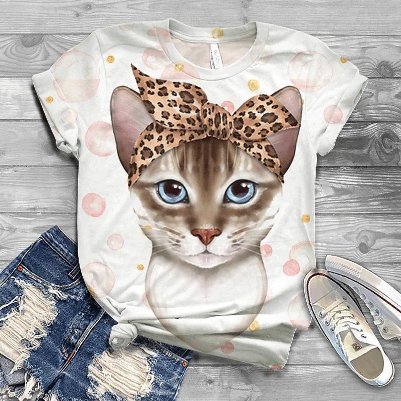 Summer Women's Fashion Short Sleeve T-shirt Cat 3D Print Hot Sale Streetwear Female Shirt O-Neck Regular Casual Blouse