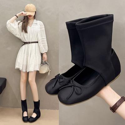 Модные весенне-летние новые ретро балетки с круглым носком и бантом, женские вырезанные полусапоги на плоской подошве, короткие сапоги-трубы для холодной погоды