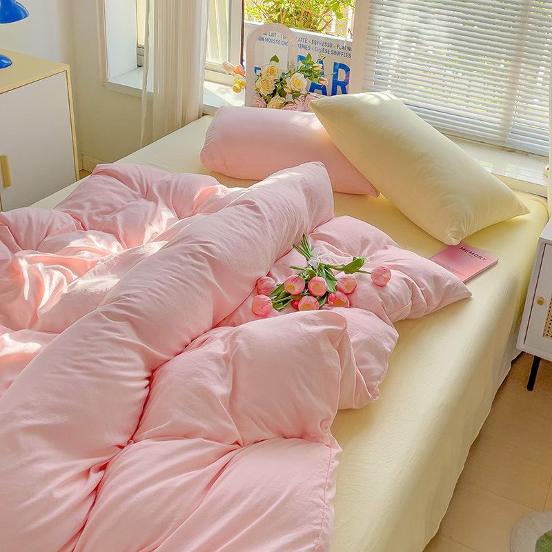 Washed Cotton 4-Pcs Set Class A Maternal Infant Grade Solid Color Single Quilt Set, Bed Sheet 4-Pcs Set, Small Fresh 3-Pcs Set
