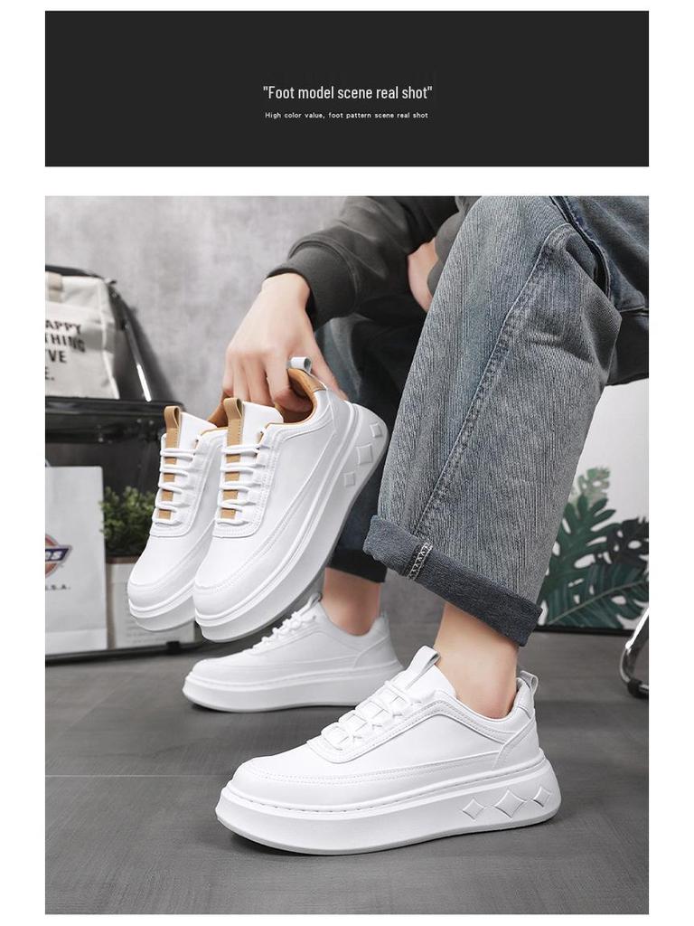 Men's Trendy Breathable White Sneakers - Versatile, Height-Increasing, Thick Sole Casual Sports Shoes