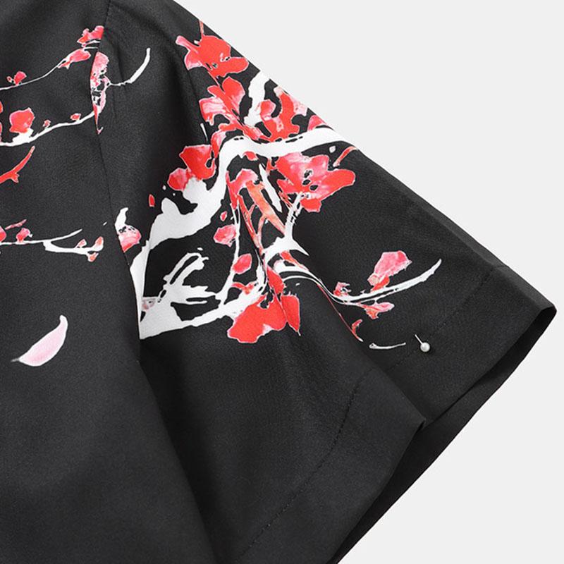 Fashion Men Plum Blossom Print Lapel Shirts Casual Summer Short Sleeve Tee Tops