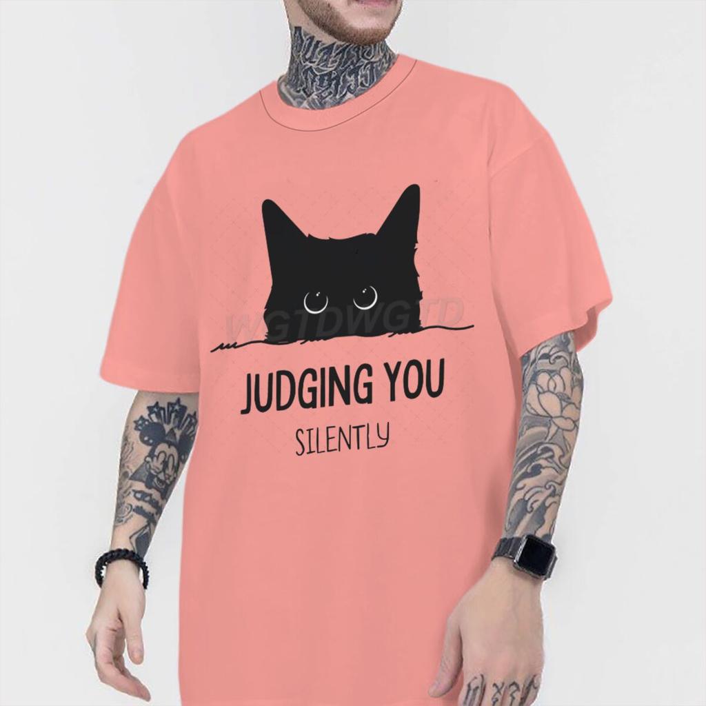 Judging You Silently Print T Shirt Men Women Sarcastic Humor Streetwear Short Sleeve Harajuku Cat Tee Male 100 Cotton Fun Shirt
